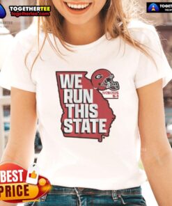 Alt Text: Official Georgia Football We Run This State 2025 Ladies Tee showcasing team pride and style for female fans.