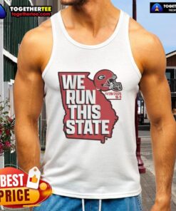 Official Georgia Football We Run This State 2025 tank top in red with bold graphics, perfect for game day apparel.