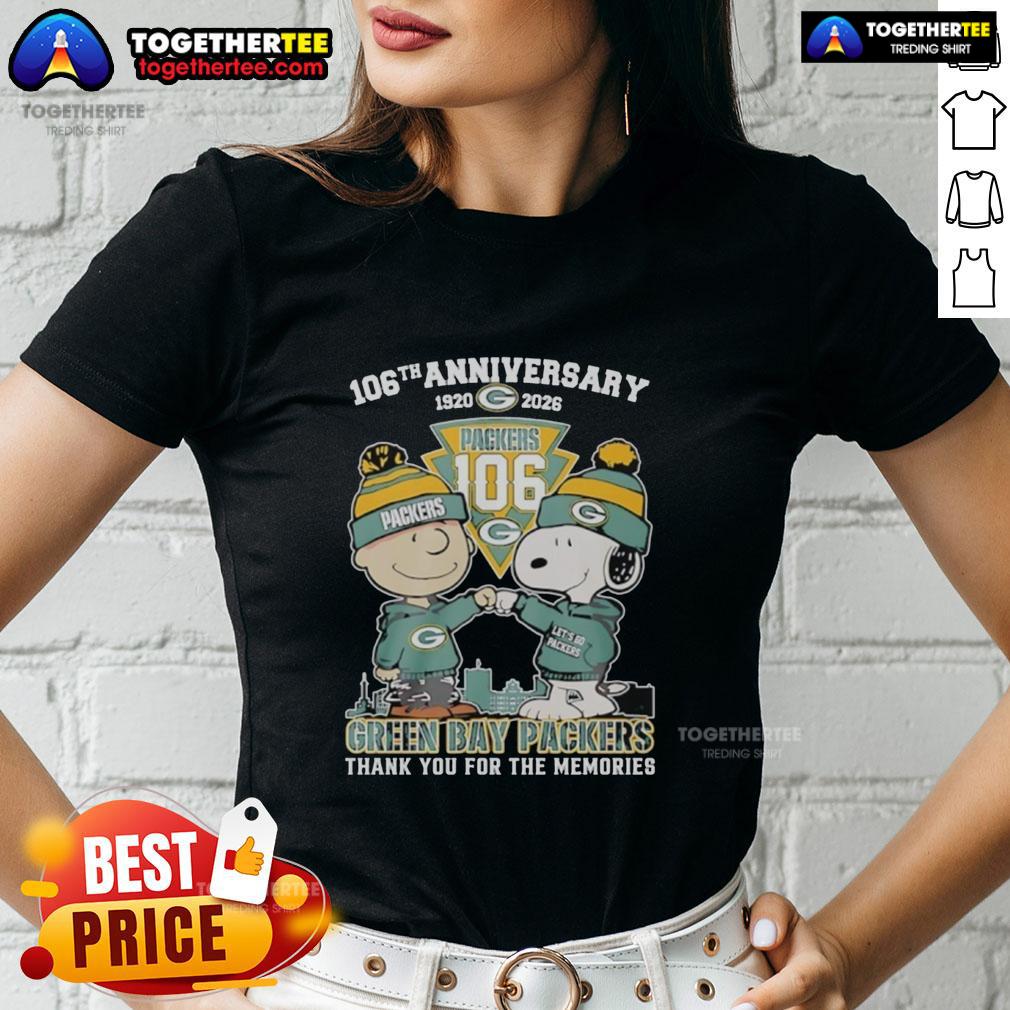 Official Green Bay Packers Outfit With Snoopy And Charlie Brown 106th Anniversary 1920 2026 Ladies-Tee Alt Text: Official Green Bay Packers outfit featuring Snoopy and Charlie Brown, celebrating the 106th anniversary (1920-2026) ladies tee.
