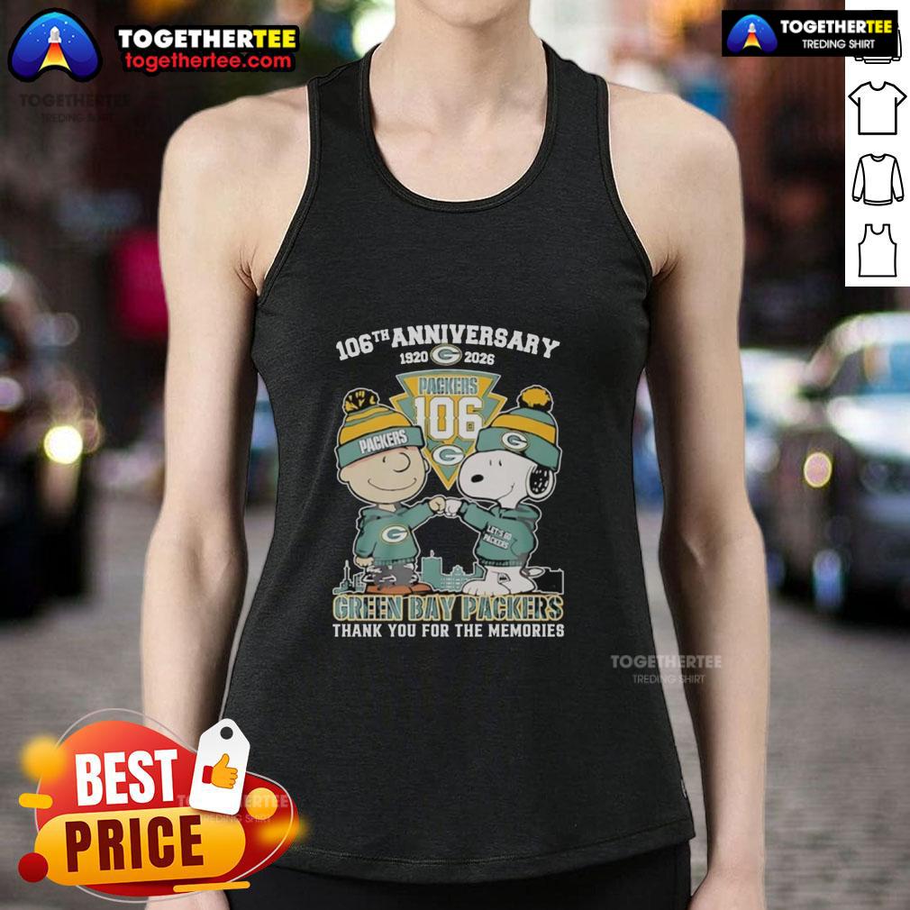 Official Green Bay Packers Outfit With Snoopy And Charlie Brown 106th Anniversary 1920 2026 Tank Top Alt Text: Official Green Bay Packers outfit featuring Snoopy and Charlie Brown tank top for the 106th anniversary (1920-2026).