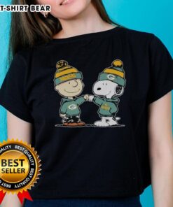 Official Green Bay Packers Snoopy and Charlie Brown best friends ladies tee featuring vibrant team colors and playful design.