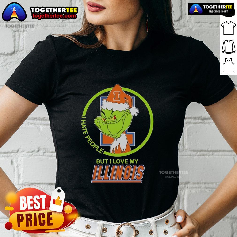 Official Grinch I Hate People But I Love My Illinois Fighting Illini Ladies Tee Alt Text: Official Grinch I Hate People But I Love My Illinois Fighting Illini Ladies Tee - festive and fun holiday apparel.