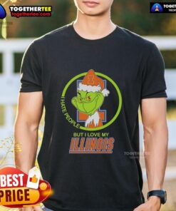 Alt Text: Official Grinch I Hate People But I Love My Illinois Fighting Illini T-Shirt featuring a festive design and team colors.