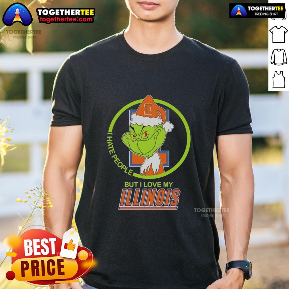 Official Grinch I Hate People But I Love My Illinois Fighting Illini T Shirt Alt Text: Official Grinch I Hate People But I Love My Illinois Fighting Illini T-Shirt featuring a festive design and team colors.