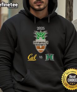 Alt Text: 2025 NCAA Official Hawaii Bowl hoodie featuring Hawaii Rainbow Warriors vs California Golden Bears matchup design.