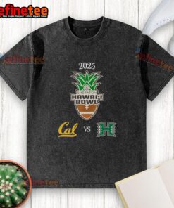 Alt Text: 2025 NCAA Official Hawaii Bowl matchup featuring Hawaii Rainbow Warriors vs California Golden Bears washed t-shirt design.
