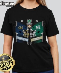2025 Hawaii Bowl matchup: Hawaii Rainbow Warriors vs California Golden Bears helmet graphic on ladies tee shirt.