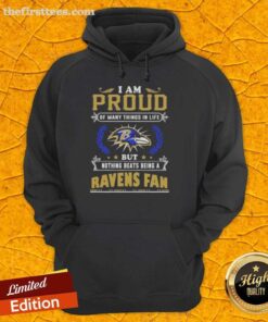 Official 'I Am Proud Of Many Things In Life But Nothing Beats Being A Baltimore Ravens Fan' hoodie displayed on a hanger.