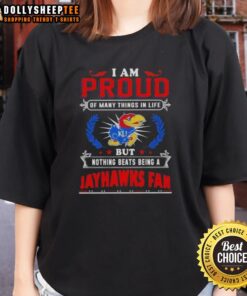 Kansas Jayhawks fan ladies tee featuring 'I Am Proud Of Many Things' design, perfect for proud supporters of the team.