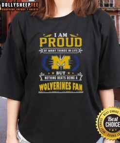 Official Michigan Wolverines fan ladies tee, expressing pride in being a fan with bold text and vibrant colors.