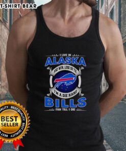 Alaska fan wearing a tank top that says 'I'm a Dead Hard Buffalo Bills Fan Till I Die' celebrating team spirit.