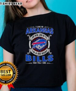 Official I Live in Arkansas Buffalo Bills fan ladies tee, showcasing team spirit with a bold graphic design.