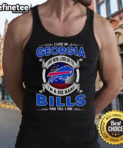 Woman wearing 'I Live In Georgia And I'm A Dead Hard Buffalo Bills Fan' tank top, showcasing team pride.