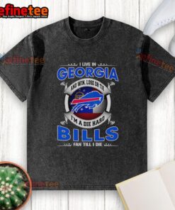 Alt Text: Washed t-shirt featuring 'I Live In Georgia And I'm A Buffalo Bills Fan Till I Die' design, perfect for loyal fans.