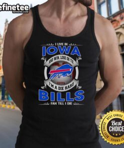 Buffalo Bills fan wearing a tank top that says 'I Live in Iowa and I'm a Dead Hard Buffalo Bills Fan Till I Die.'