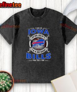 Official I Live In Iowa Buffalo Bills fan t-shirt, showcasing team pride with 'Win, Lose, or Tie' slogan in a washed design.