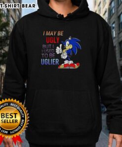 Alt Text: Cartoon hedgehog hoodie featuring the phrase I May Be Ugly But I Used To Be Uglier in vibrant colors.