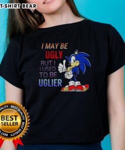 Alt Text: Cartoon hedgehog graphic on 'I May Be Ugly But I Used to Be Uglier' tee for ladies, showcasing a fun and quirky design.