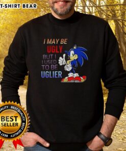 Cartoon hedgehog sweatshirt featuring the phrase 'I May Be Ugly But I Used To Be Uglier' in a playful design.