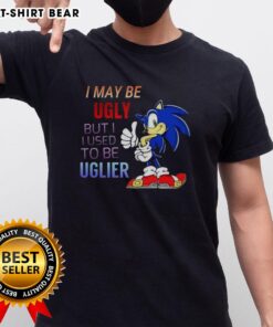 Official I May Be Ugly But I Used To Be Uglier Cartoon Hedgehog T-Shirt featuring a cute hedgehog design and funny slogan.