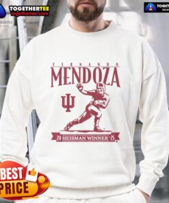 Official Indiana Football Fernando Mendoza Heisman Trophy Sweatshirt featuring team colors and logo, perfect for fans.