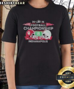Official Indiana Hoosiers vs Ohio State Buckeyes 2025 Big Ten Football Championship ladies tee showcasing team logos.