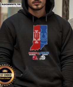 Official Indiana map hoodie featuring Hoosiers and Colts football helmets for game days, perfect for sports fans.