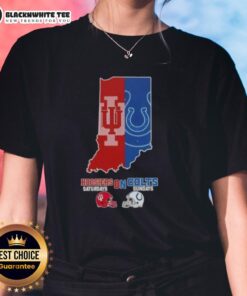 Alt Text: Official Indiana map featuring Hoosiers sports and Colts football helmets on a ladies tee shirt design.