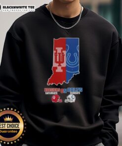 Indiana map sweatshirt featuring Hoosiers and Colts football helmets for Saturdays and Sundays, perfect for sports fans.