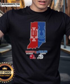 Official Indiana Map Sports Hoosiers T-Shirt featuring football helmets for Saturdays on Colts Sundays.