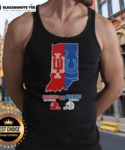 Official Indiana map tank top featuring Hoosiers and Colts logos, perfect for sports fans on game days.