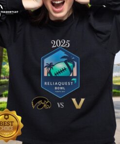 Official Iowa Hawkeyes vs Vanderbilt Commodores 2025 ReliaQuest Bowl sweatshirt at Raymond James Stadium.