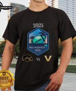 Official Iowa Hawkeyes vs Vanderbilt Commodores 2025 Reliaquest Bowl t-shirt featuring team logos at Raymond James Stadium.