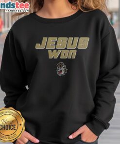 Alt Text: Official James Madison Dukes Football sweatshirt featuring 'Jesus Won' design, perfect for fans and casual wear.