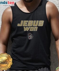 Official James Madison Dukes Football Jesus Won Tank Top design featuring team colors and graphics for fans.
