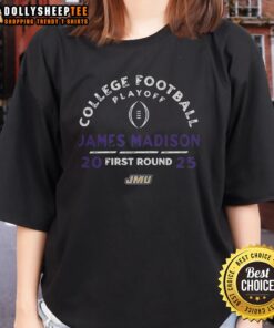 Alt Text: Official James Madison Dukes NCAA 2025-26 College Football Playoff First Round curved ladies tee in vibrant colors.