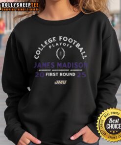 Alt Text: Official James Madison Dukes NCAA 2025-26 College Football Playoff First Round curved sweatshirt in team colors.