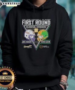 James Madison Dukes vs Oregon Ducks 2025 College Football Playoffs hoodie featuring team logos and playoff graphics.