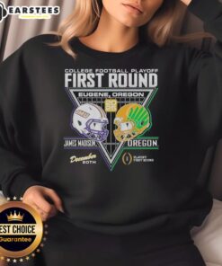 Official James Madison Dukes vs Oregon Ducks 2025 College Football Playoffs sweatshirt showcasing team logos and vibrant design.