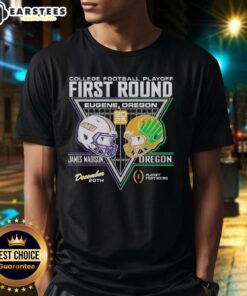 Official James Madison Dukes vs Oregon Ducks 2025 College Football Playoffs t-shirt showcasing team logos and playoff graphics.