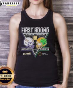 Official James Madison Dukes vs Oregon Ducks 2025 College Football Playoffs tank top featuring team logos and vibrant design.