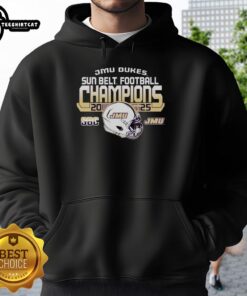 Official James Madison University Dukes Football 2025 Sun Belt Champions hoodie in royal blue, showcasing team pride.