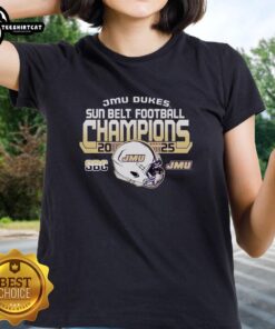 Official James Madison University Dukes Football 2025 Sun Belt Champions ladies tee in royal blue with team logo.
