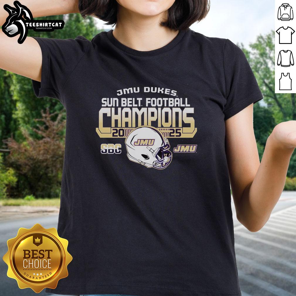 official-james-madison-university-dukes-football-2025-sun-belt-champions-ladies-tee Official James Madison University Dukes Football 2025 Sun Belt Champions ladies tee in royal blue with team logo.