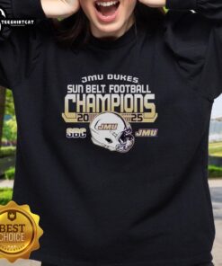 Alt Text: Official James Madison University Dukes Football 2025 Sun Belt Champions Sweatshirt featuring team colors and logo.