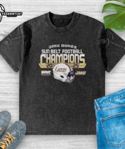 2025 Sun Belt Champions James Madison University Dukes Football washed t-shirt showcasing team pride and victory.