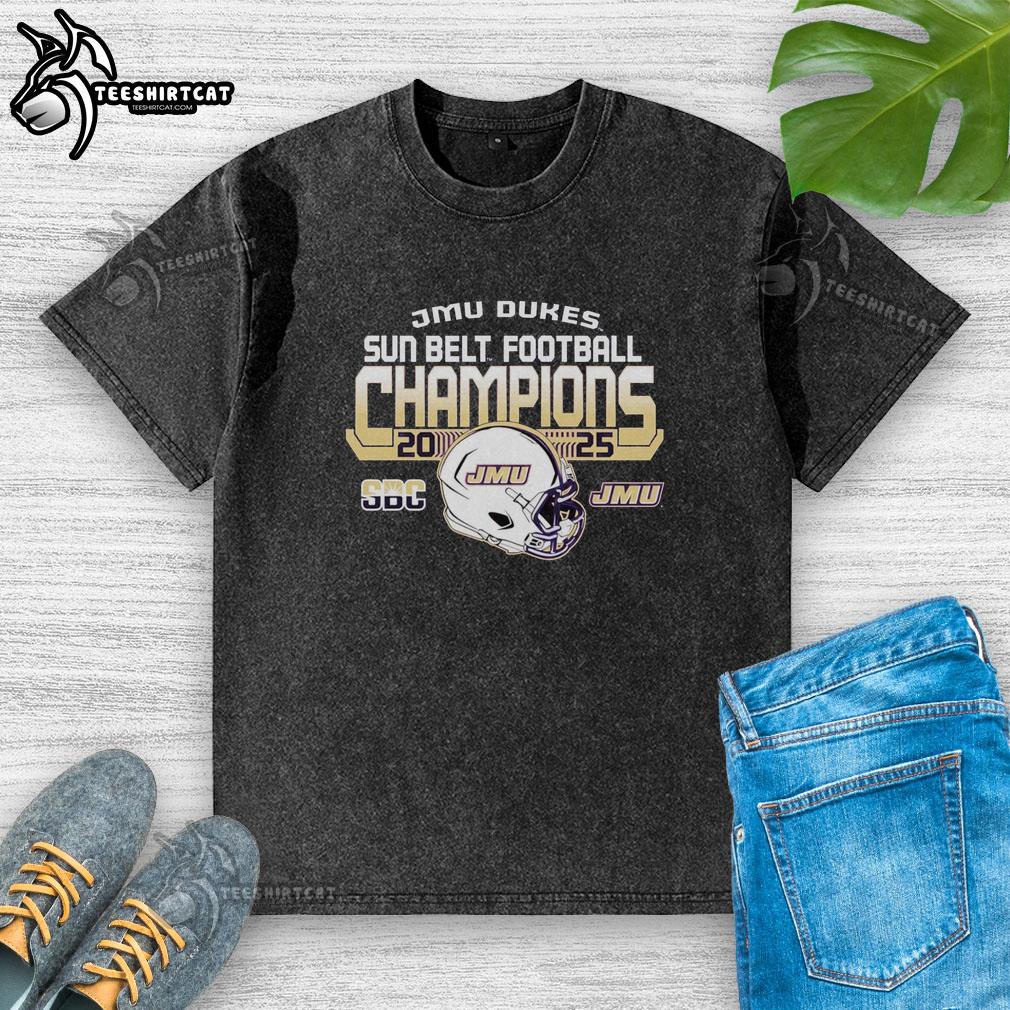 official-james-madison-university-dukes-football-2025-sun-belt-champions-washed-t-shirt 2025 Sun Belt Champions James Madison University Dukes Football washed t-shirt showcasing team pride and victory.
