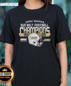 Ladies tee celebrating the 2025 Sun Belt Football Champions, James Madison University Dukes, in vibrant colors.