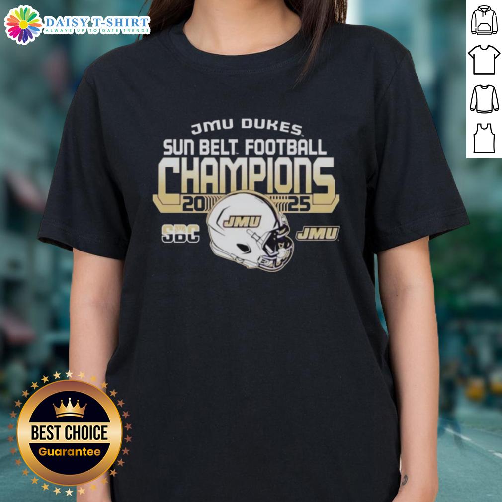 Official James Madison University Dukes Sun Belt Football Champions 2025 Ladies-Tee Ladies tee celebrating the 2025 Sun Belt Football Champions, James Madison University Dukes, in vibrant colors.