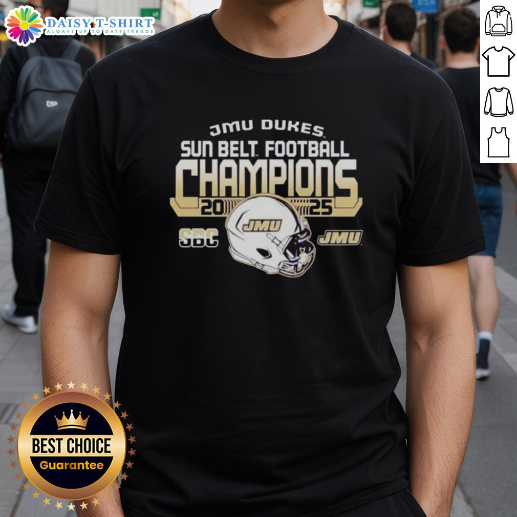 Official James Madison University Dukes Sun Belt Football Champions 2025 T-Shirt Alt Text: Official James Madison University Dukes Sun Belt Football Champions 2025 T-Shirt featuring team logo and celebratory design.